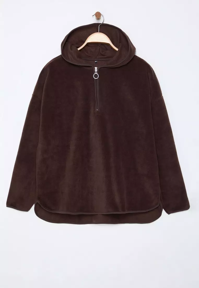 Brown Thick Fleece Hooded And Zippered Oversize Knitted Plus Size Sweatshirt Tbbaw25Ao00030