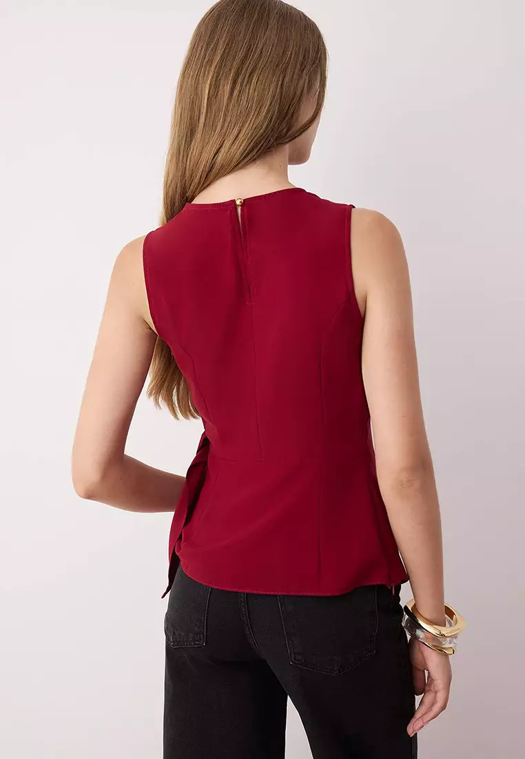 Burgundy Sleeveless Satin Binding Detail Blouse