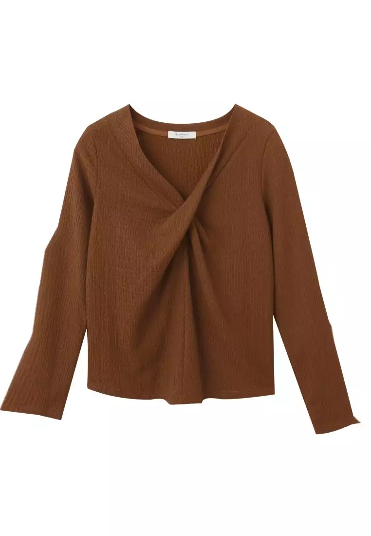 Textured Twist-Front  Chiffon Long Sleeve Top [AB18052]