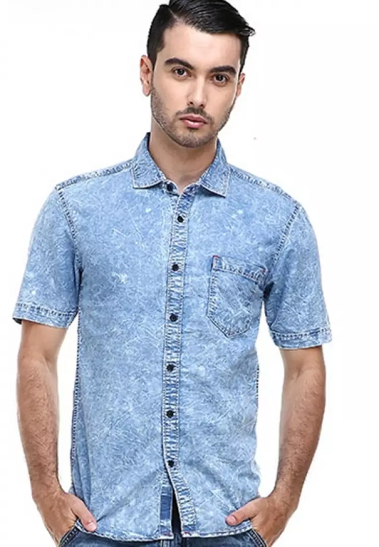 Dwan Shirt Kemeja Pria Jeans Lengan Pendek Kasual Formal Material Denim ORIGINAL - Blue