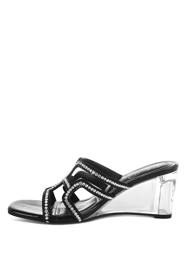 Metallic Rhinestone Clear Wedge Sandals In Black