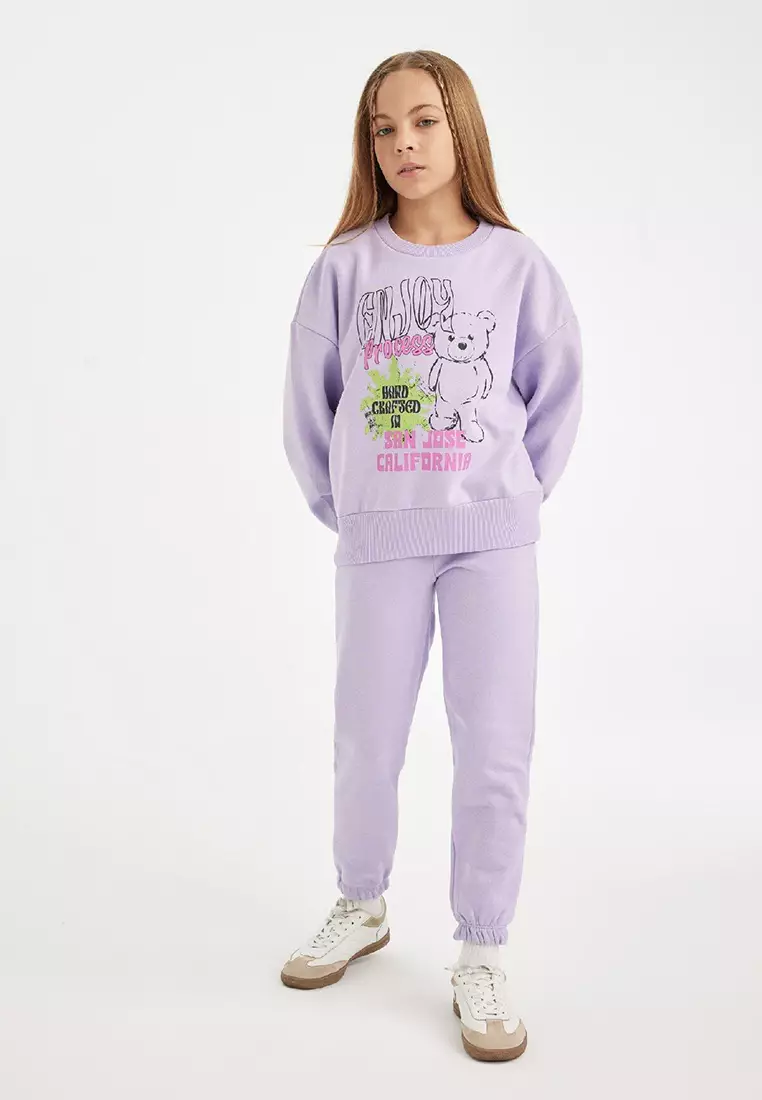 2-Piece Set Printed Crew Neck Thick Sweatshirt Elastic Waist Jogger Tracksuit