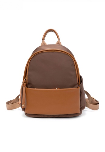 HAPPY FRIDAYS brown Stylish Nylon Oxford Patch Faux Leather Backpack JW CL-C5067 B3BD5AC5678359GS_1