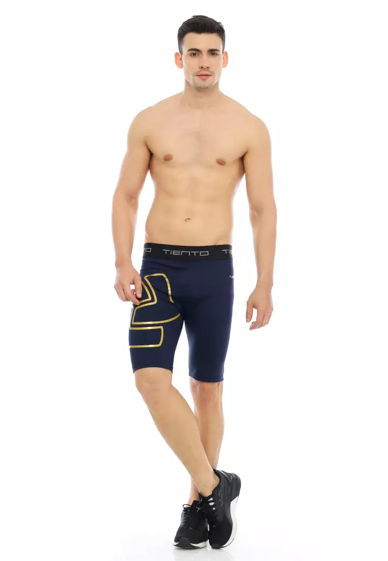Tiento Baselayer Leging Celana Pendek Ketat Olahraga Pria Legging Sport Short Pants EXO Series Navy Gold Men