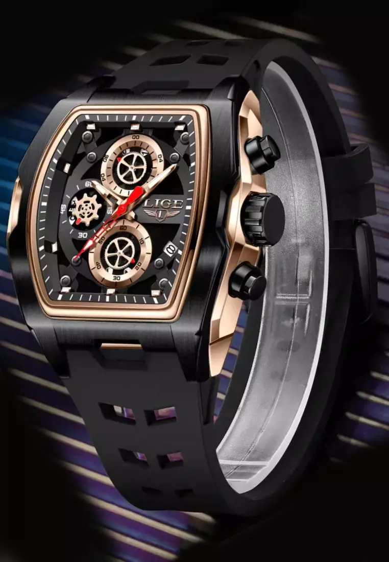 男女通用計時酒桶形塑膠和金屬合金石英錶，橡膠錶帶