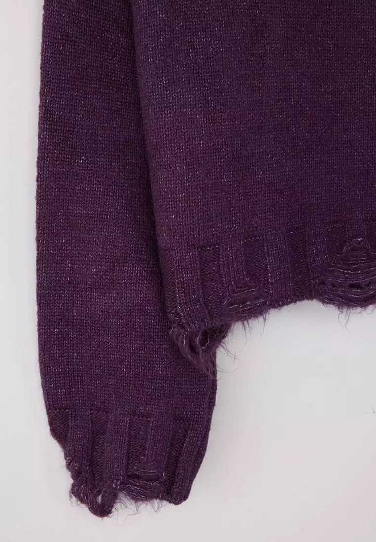 Purple Crop Wide Fit Soft Textured Pullover Detailed Sweater