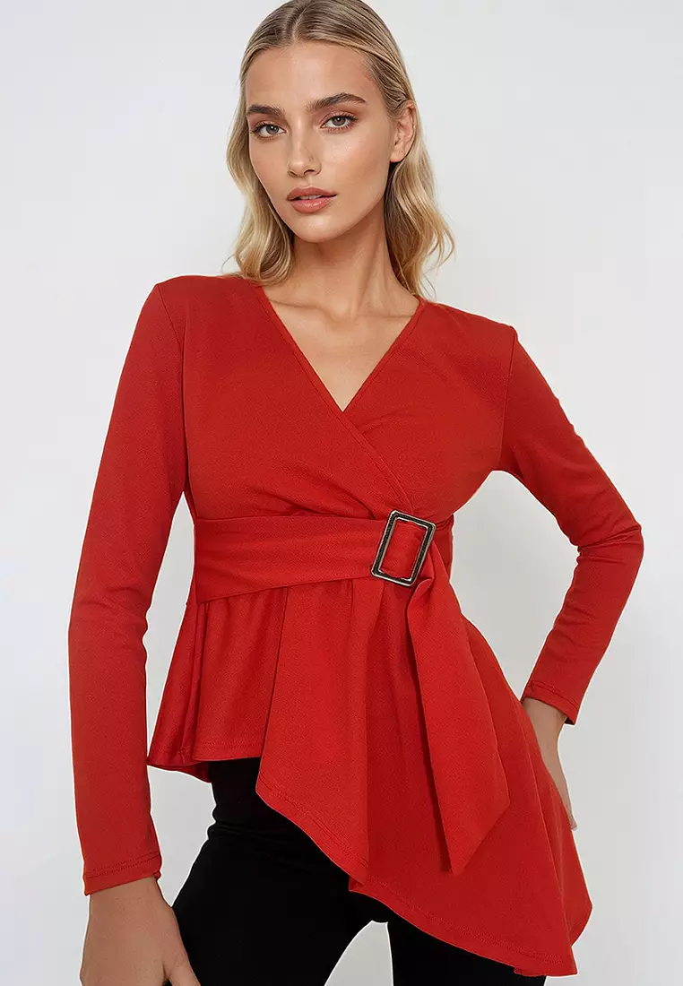 V-Neck Asymmetrical Cut Belt Double Breasted Blouse