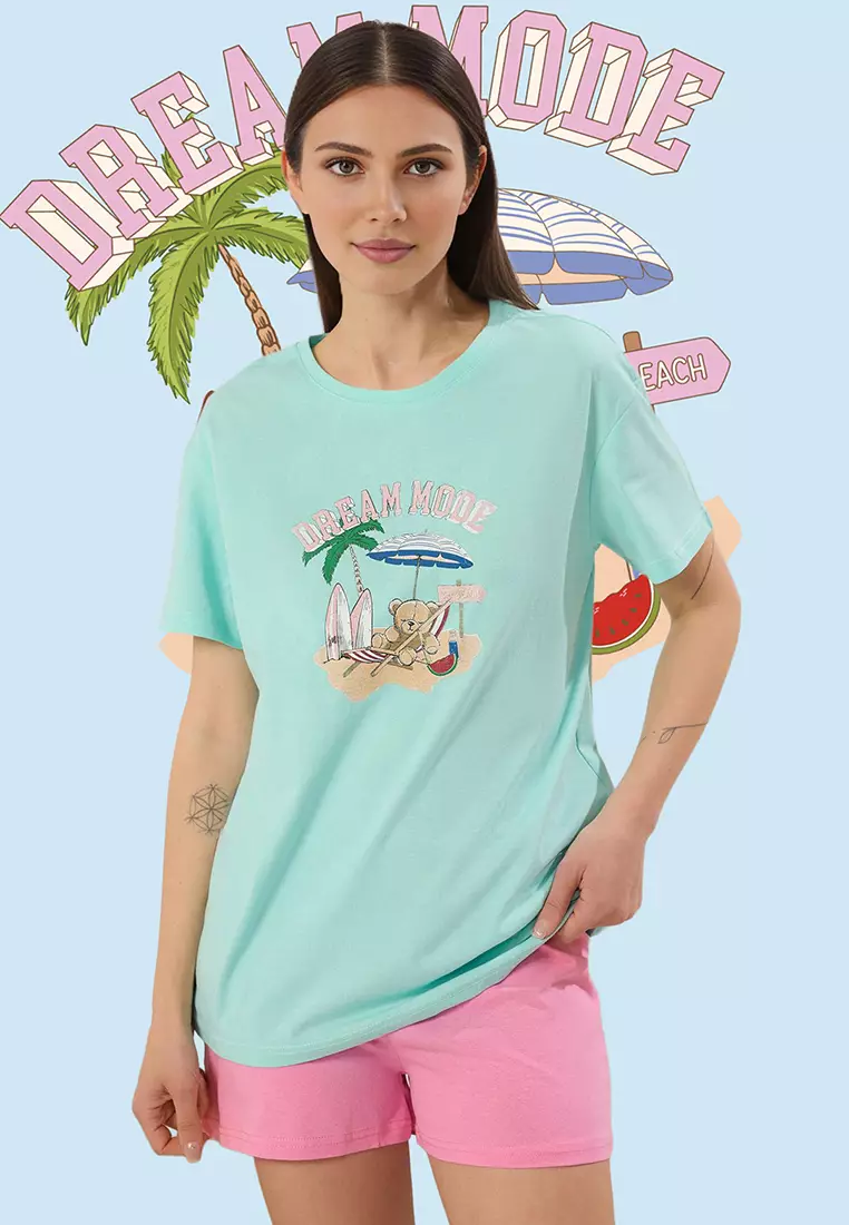 Turquoise-Pink 100% Cotton Summer Themed Knitted Pajama Set with Shorts THMSS25PT00262