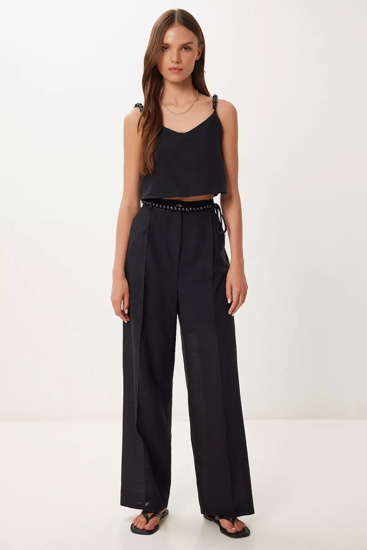 Women's Black Bead Detail Linen Blouse Pants Suit Bv00170