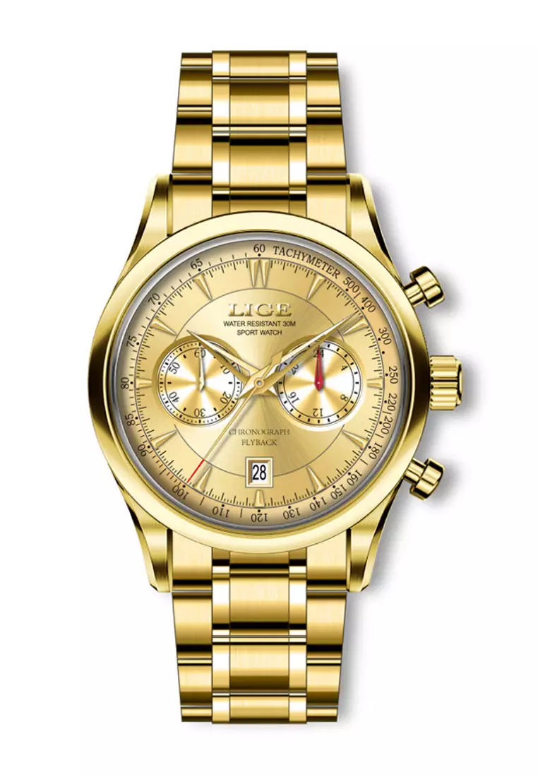 Unisex IP Gold Stainless Steel Chronograph Quartz Watch, Metal Bracelet