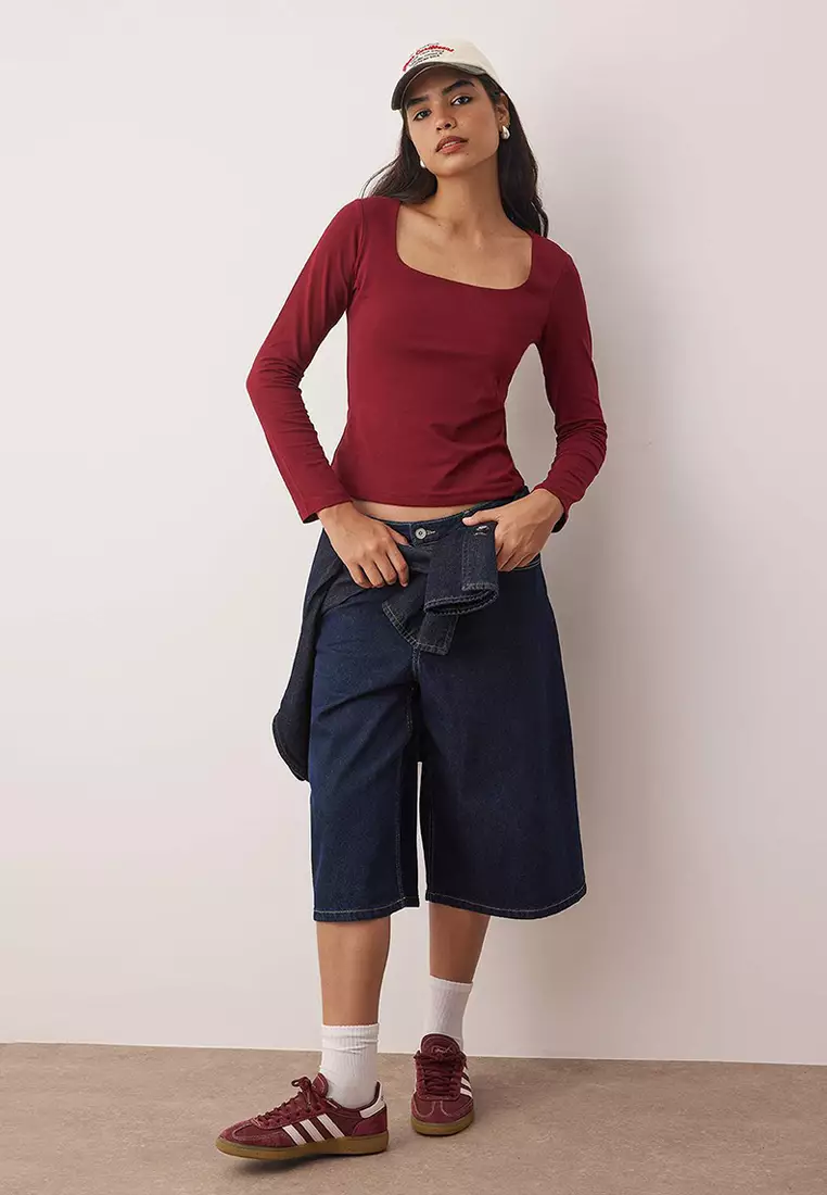 Burgundy Cotton Flexible Square Collar Fitted/Body-Smoothing Knitted Blouse Twoaw24Bz00016