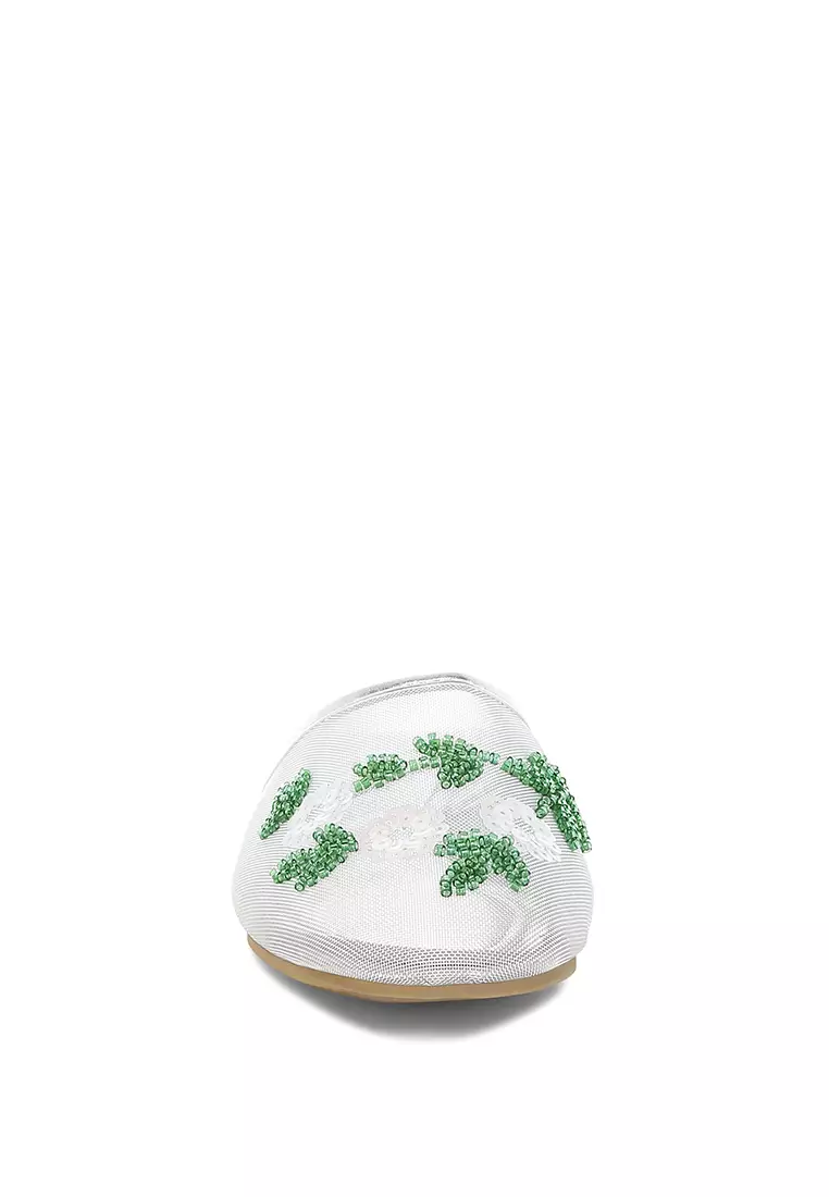 Mesh Sequin Beaded Mules In Silver