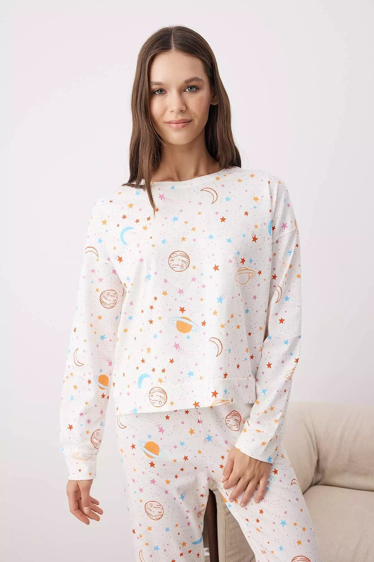 Ecru 100% Cotton Galaxy Patterned Knitted Pajama Set