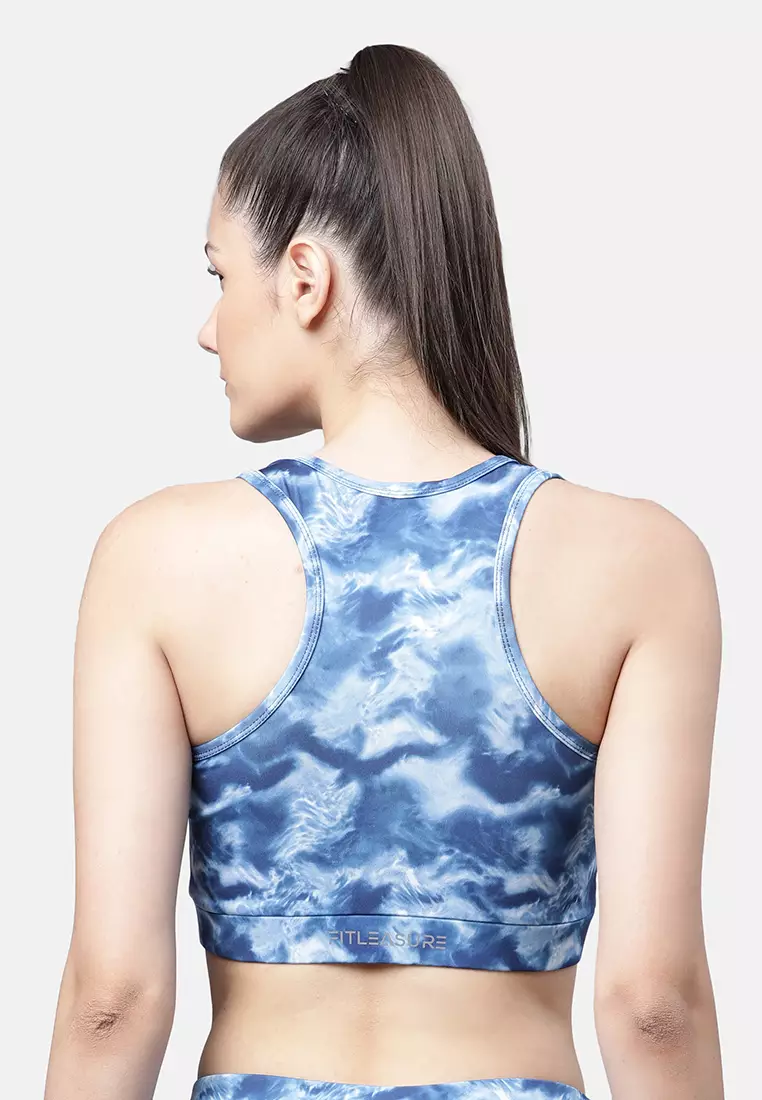 女式蓝色领带 N 染料印花跑步/训练运动文胸