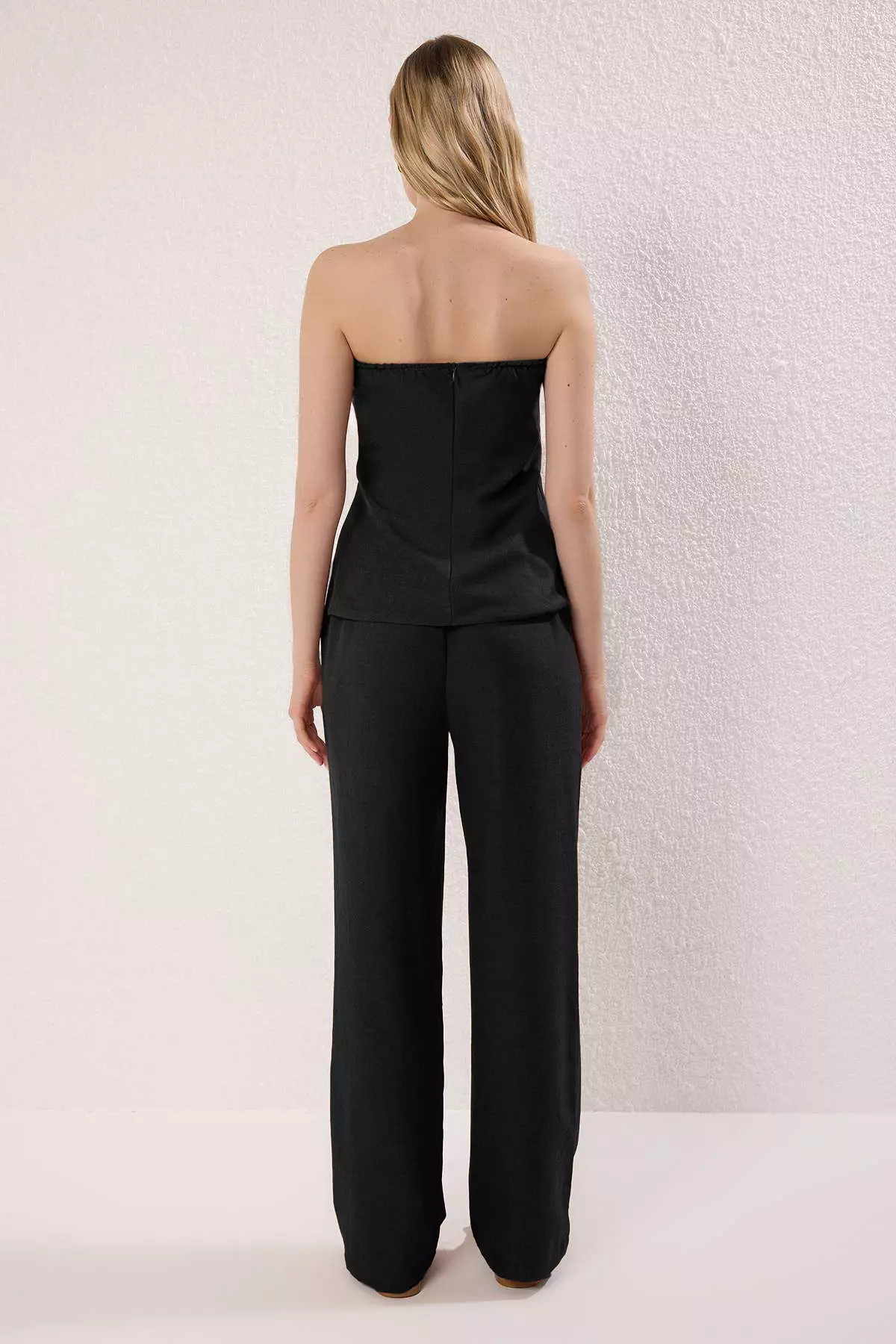 Black Linen Look Strapless Blouse And Pants Bottom Top Set
