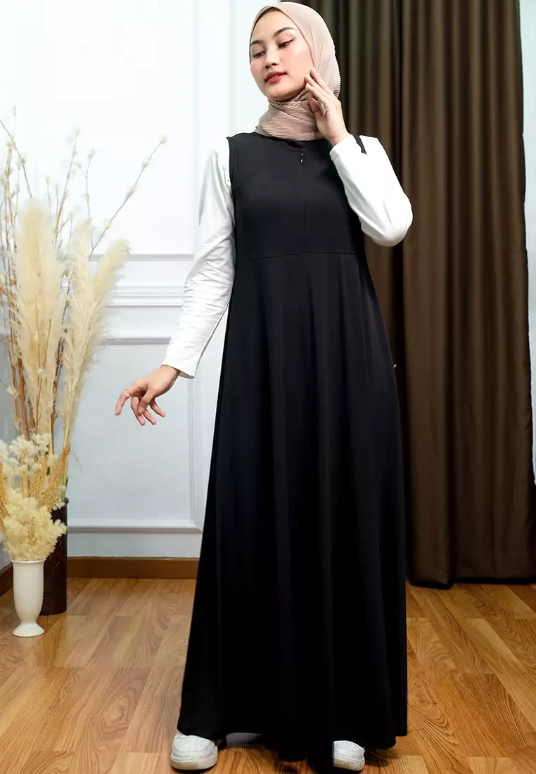 JV Hasanah Adelia Zipper Breastfeeding Dress Black | Gamis Kensy Jersey Busui Friendly
