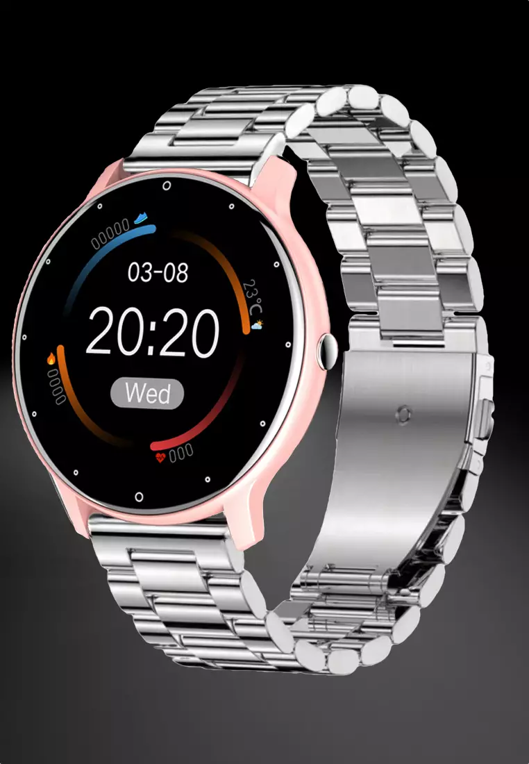 Unisex IOS/Android Pink SmartWatch with Stainless Steel Bracelet + 1 Free Pink Rubber Strap