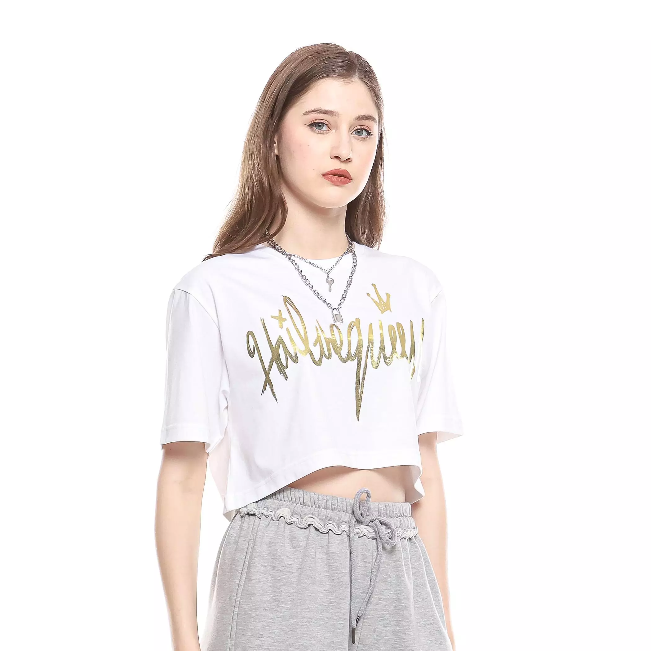 Enough For Today - Kaos Crop Oversize Wanita HailtheQueen Putih Gold