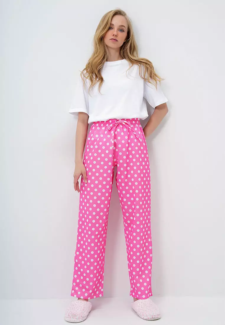 Buy Alacati Women's Pink Crew Neck Basic T-Shirt And Polka Dot