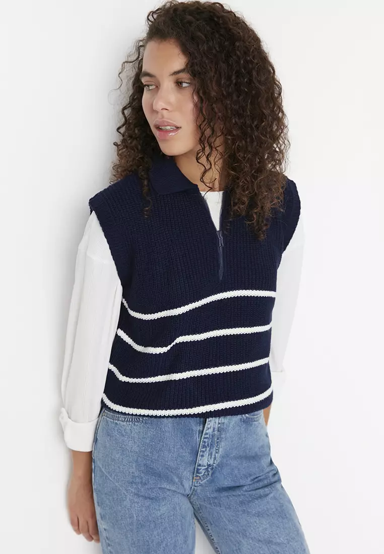 Zipper Striped Knit Vest