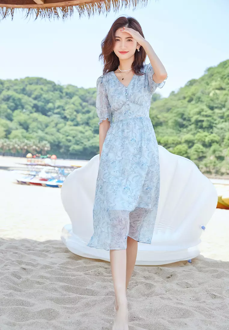 Summer Puff Sleeve V-Neck Floral Dress