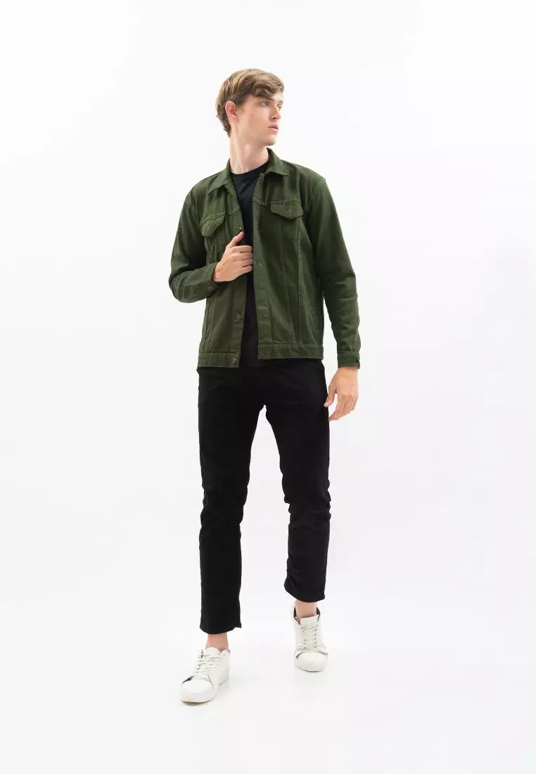 Houseofcuff Jaket Jeans Pria Polos Tebal Dilan Jaket Denim hijau tua