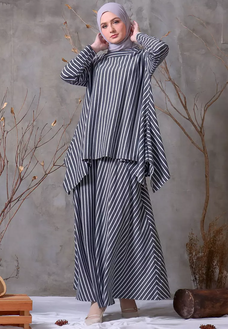 JV Hasanah Oneset Simple Stripes Darkgrey | Setelan Rok Salur Layer Kanan Kiri