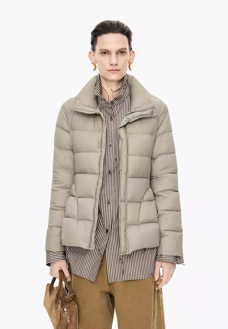 混紡90白鴨絨橫切線修身短款羽絨服