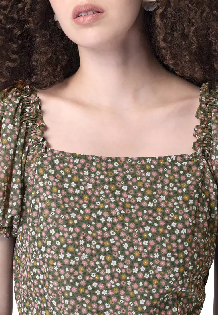 Olive Floral Smocked Top And Ruffled Mini Skirt Co-ord Set