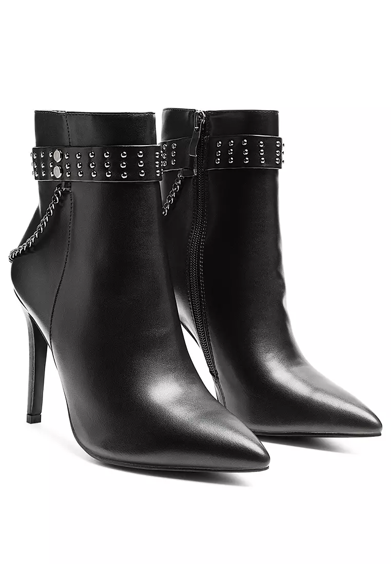 Faux Leather Stud Strap Detail Stiletto Boot in Black