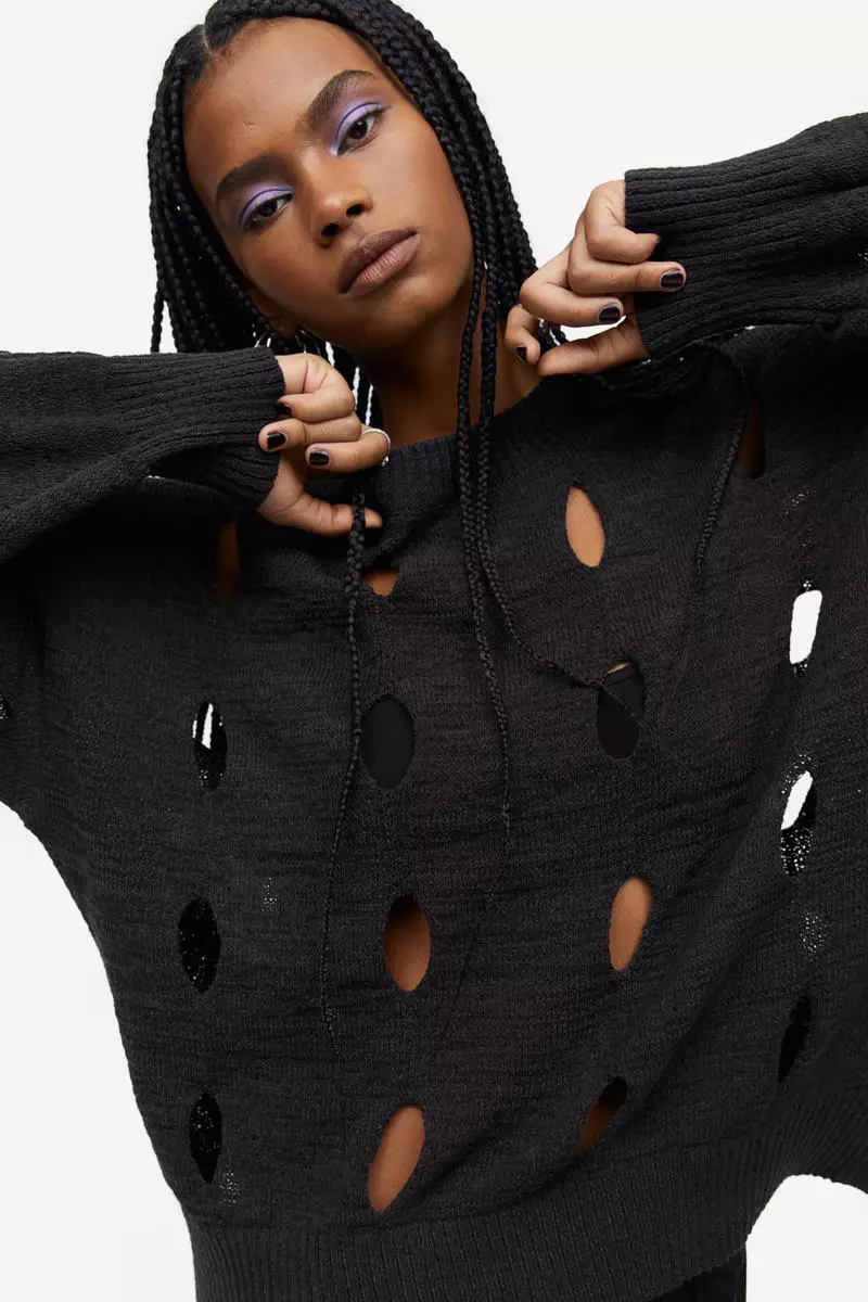 MANOF HOLE KNIT TOPS BLACK Henley Knit Top with Thumb Holes