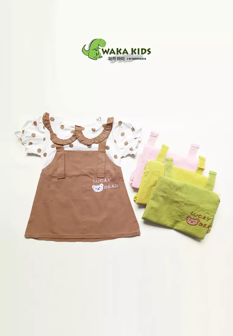 Wakakids Dress Bayi Anak Perempuan Lengan Pendek Katun Polkadot Lucky Bear 4487 Venrc Akula Pink