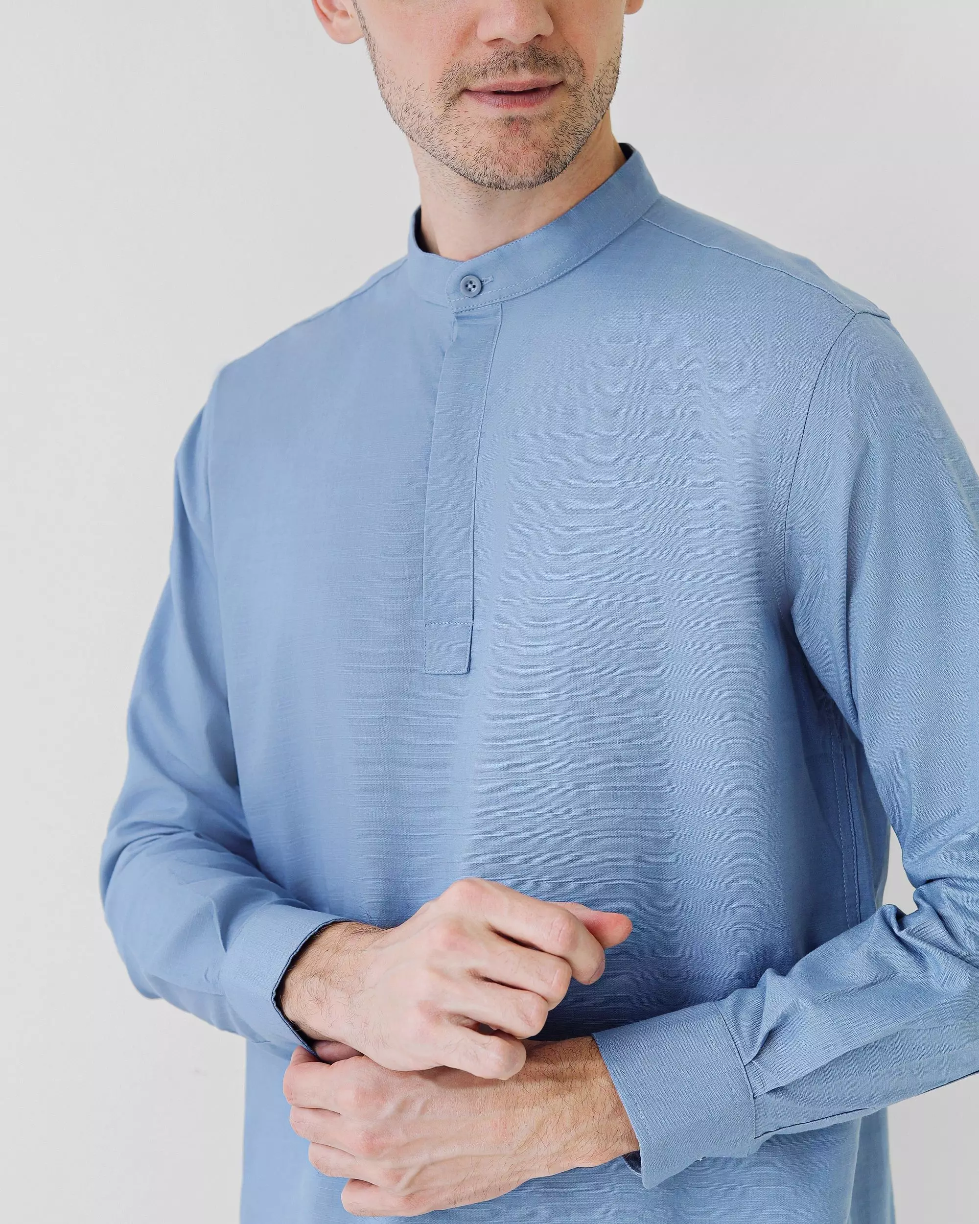 Cotton Well Oman Henley Shirt Blue │Kemeja Koko Basic Lengan Panjang Biru