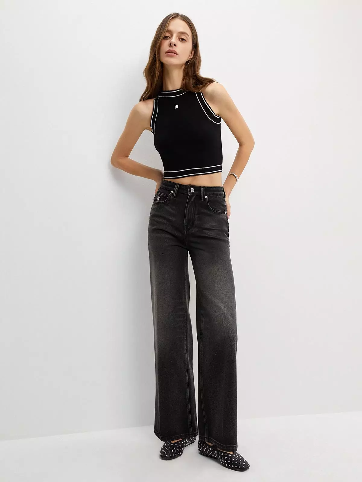 Mid Waist Wide Leg Jeans - Black