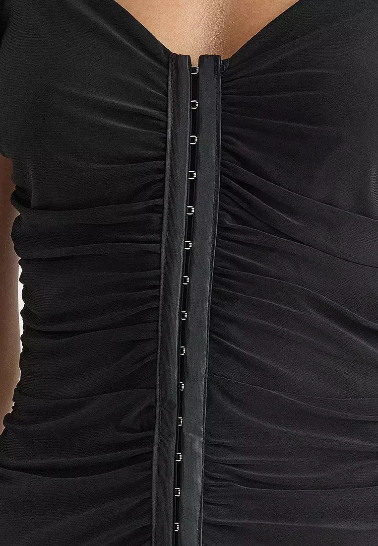 Black Balloon Sleeve Crochet Knitted Blouse