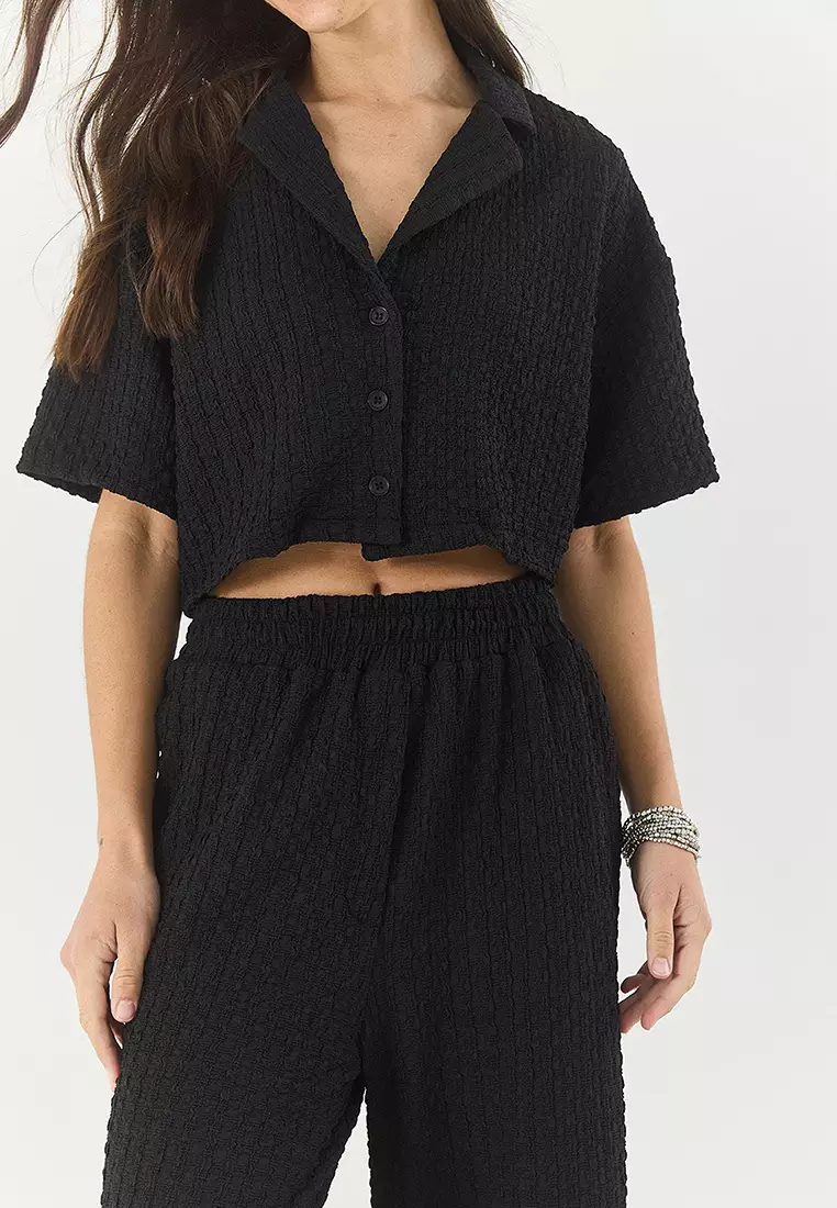 Women's Seersucker Crop Jacket Elastic Waistband High Waist Pants Top And Bottom Set 9313 60281043