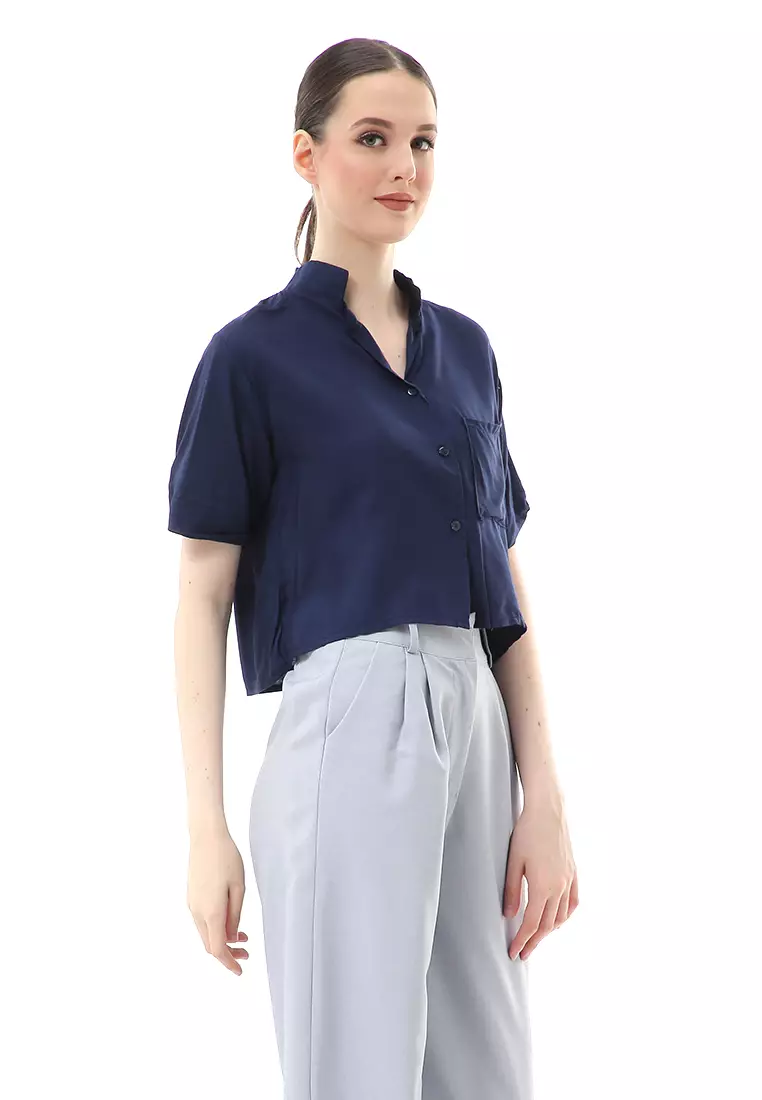 Melinda Kemeja Crop Top Atasan Wanita Motif Polos Relaxed Fit - Navy