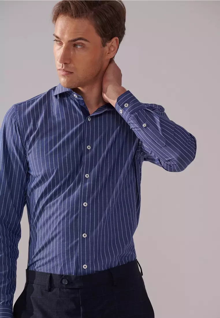 Blue and White Striped Textured Slim Fit Shirt