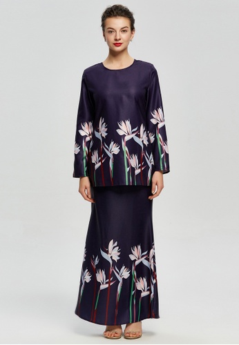 Bird-of-Paradise Prints Kurung Modern from Era Maya in Purple
