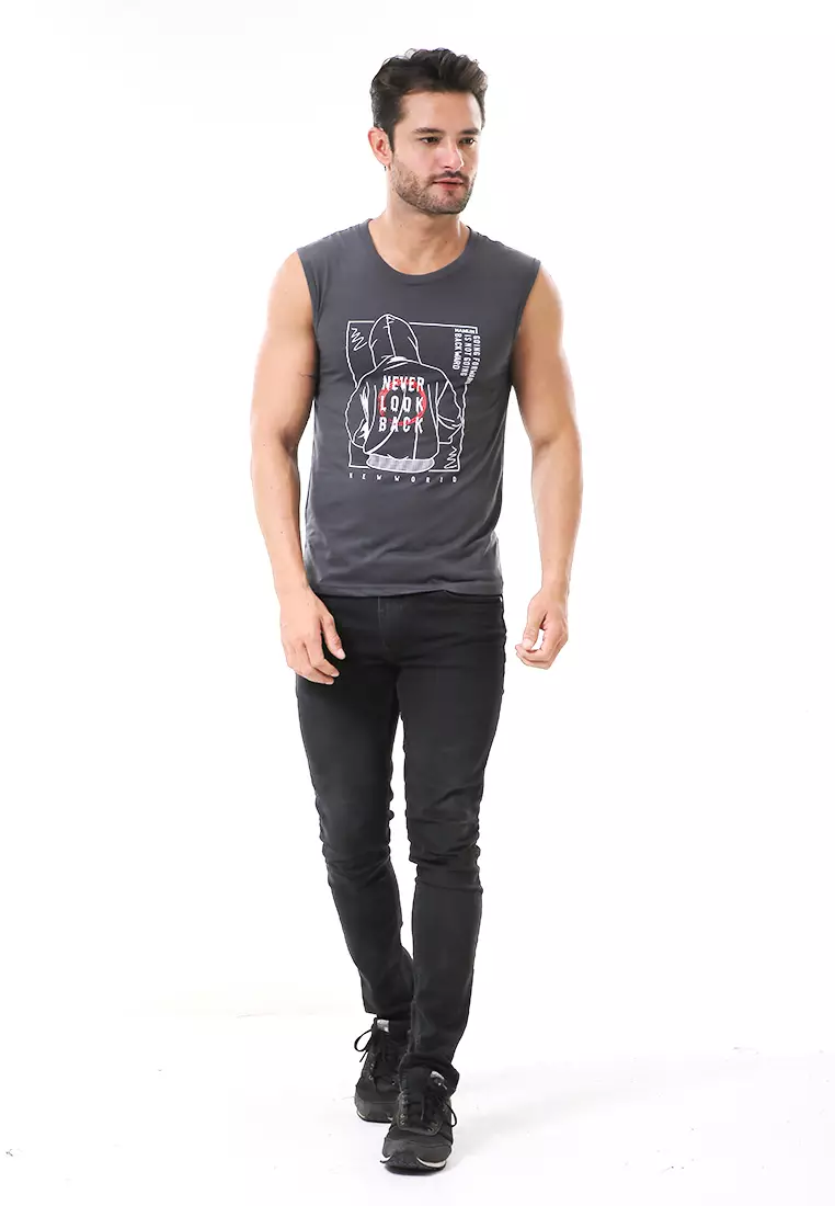 Bobby Atasan Kasual Pria Singlet Motif Never Look Back Sleeveless Tshirt Material Cotton ORIGINAL - Gray
