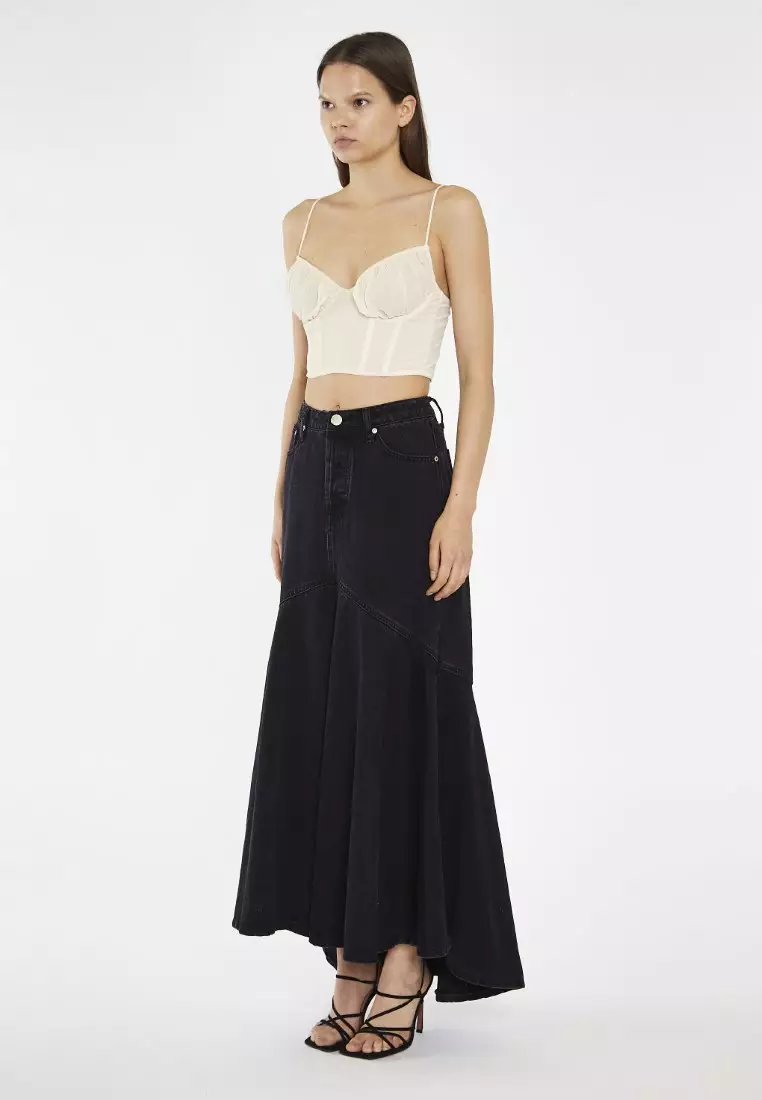 水洗黑色牛仔魚尾超長半身裙