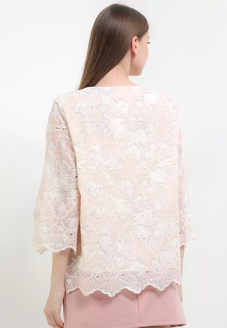 3/4 Sleeves Leaves Print Eyelet Emb Scallop Blouse With Seq Cotton Tassel