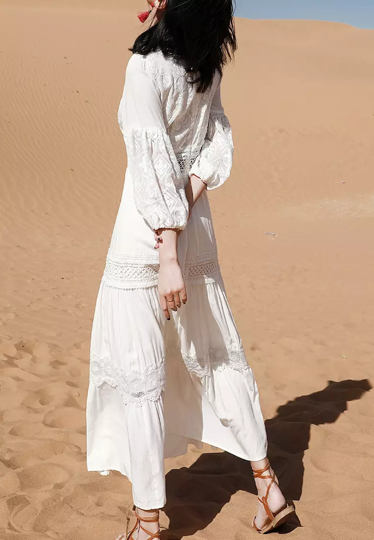 Twenty Eight Shoes VANSA V-Neck Crochet Long Sleeve Dress VCW