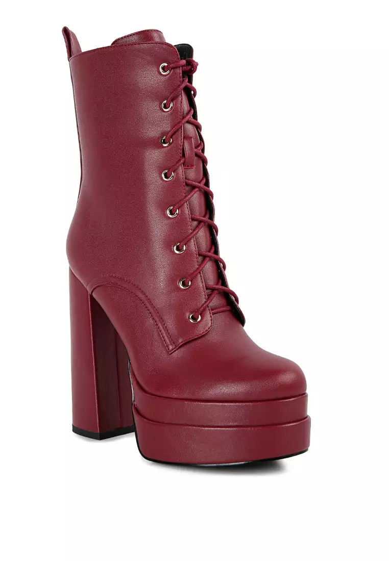 Burgundy Faux Leather High Heeled Ankle Boots