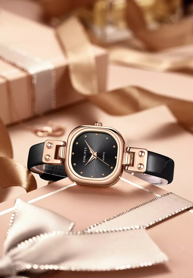 Jam Tangan Wanita Original Gaya Korea Tali Kulit Simple Anti Air Jam Tangan Cewek allblack