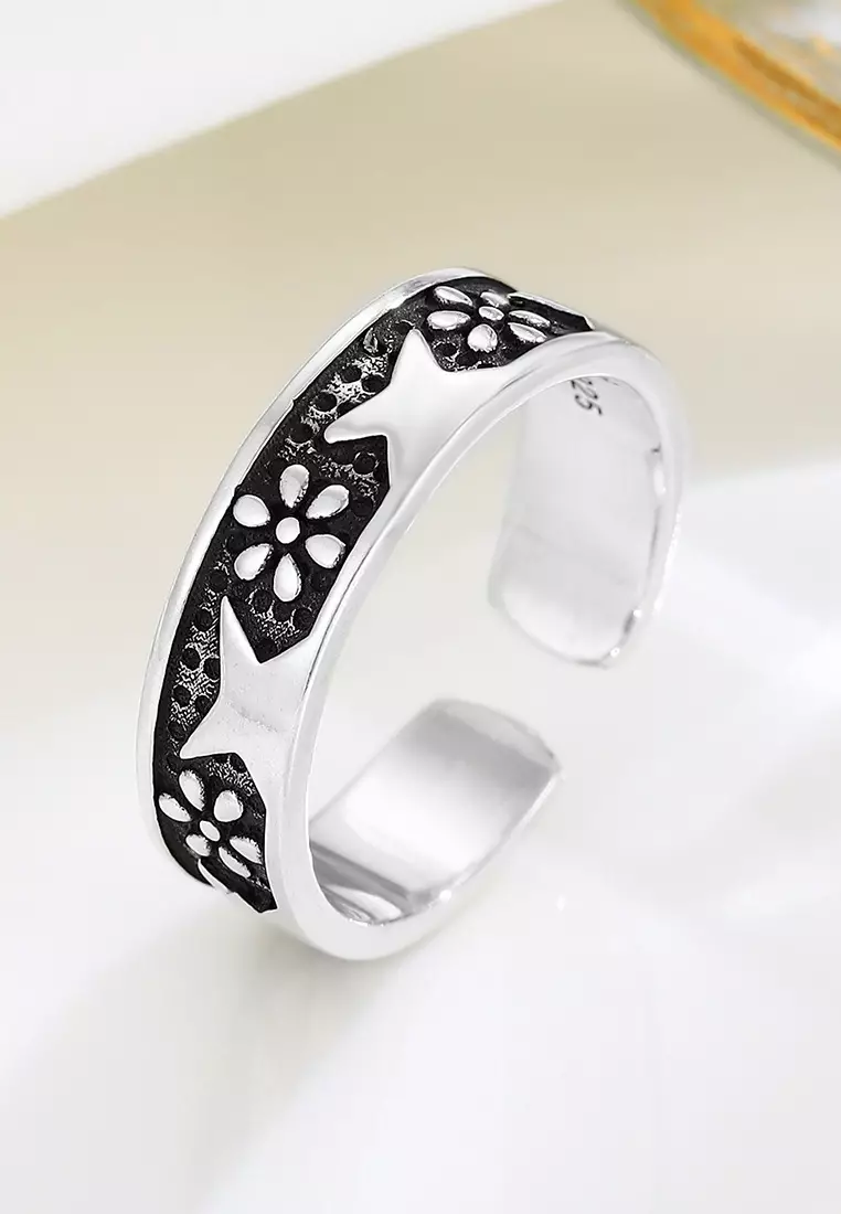 LDR24320 S925 Silver Vintage Daisy Flower Open Ring