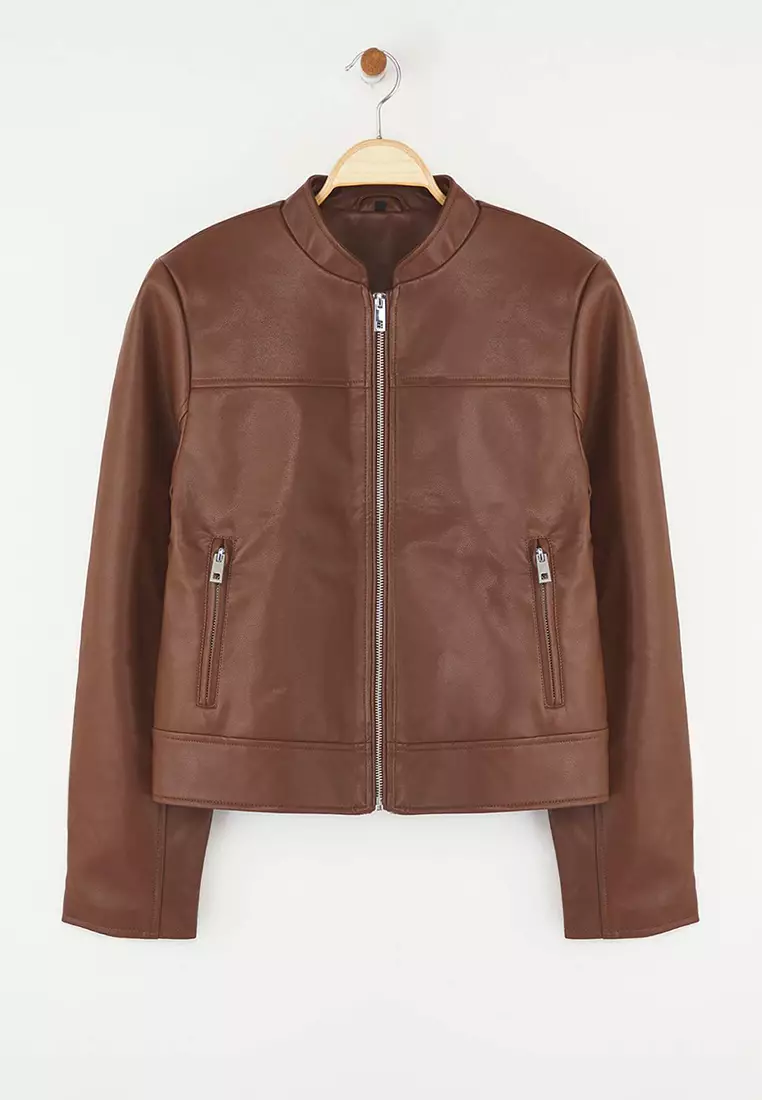 Dark Brown Fitted Mold Faux Leather Biker Slim Jacket Coats