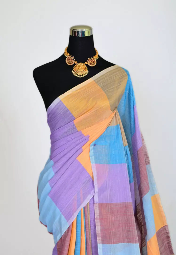 Multicolour Handspun Pure Cotton Striped Body Bengal Saree