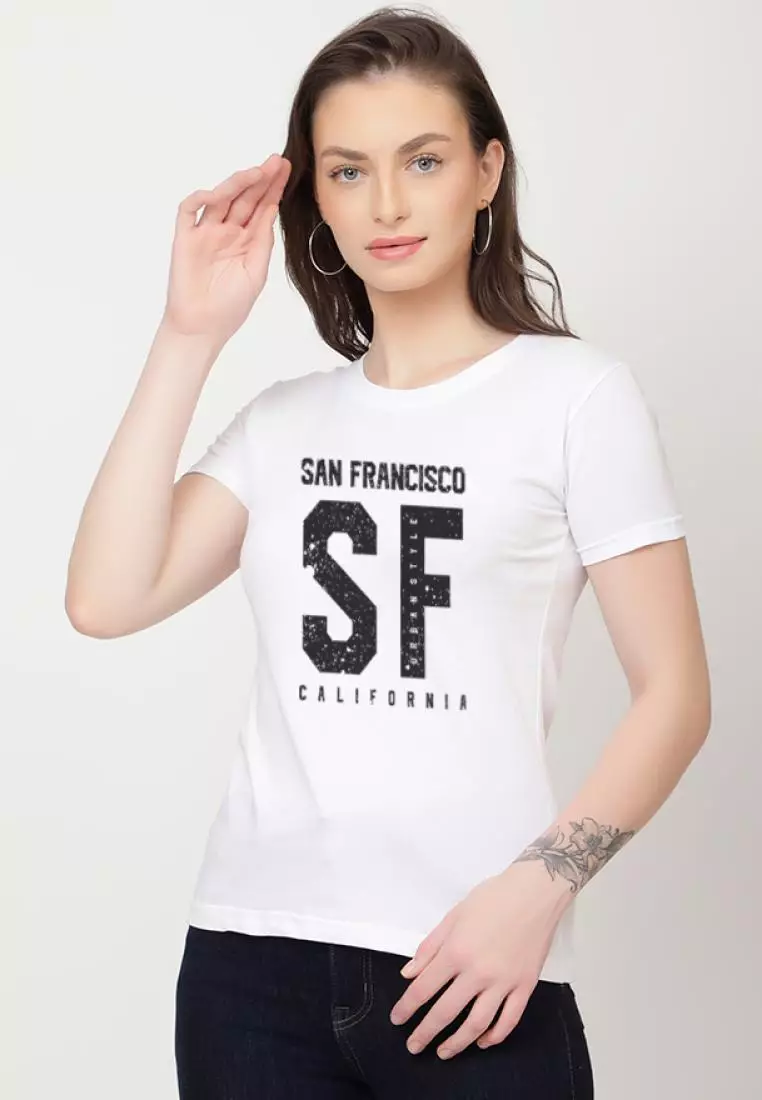 SF 印花休闲短袖时尚白色棉质休闲图案印花 T 恤/T 恤