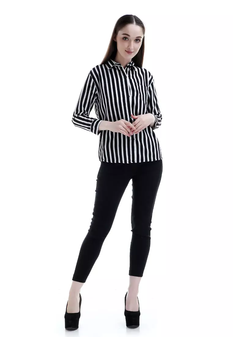 Carmel Long Shirt Motif Pattern Dual Tone Color Woman Design Chic - Hitam